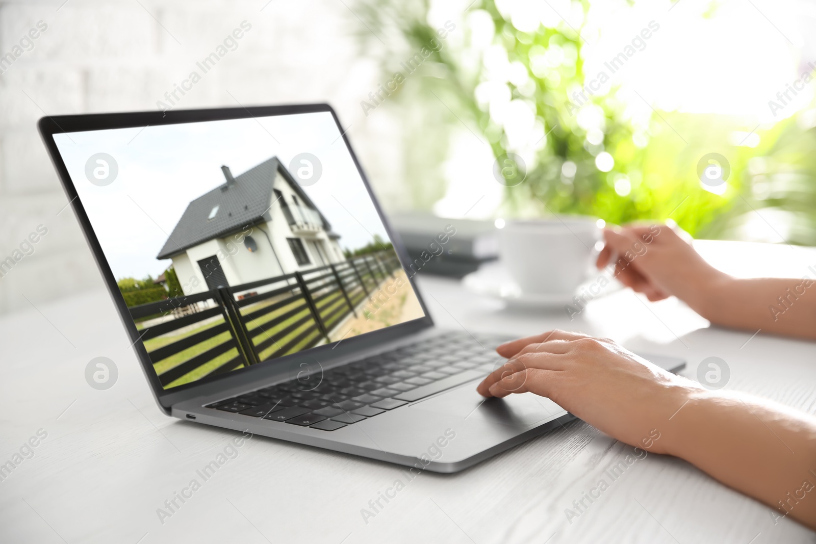 Image of Woman looking for house on real estate market website at table, closeup