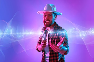 Image of Emotional man with microphone singing in neon lights. Audio waveforms near him