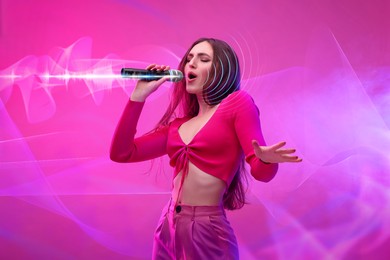 Beautiful woman with microphone singing on pink background. Audio waveforms near her