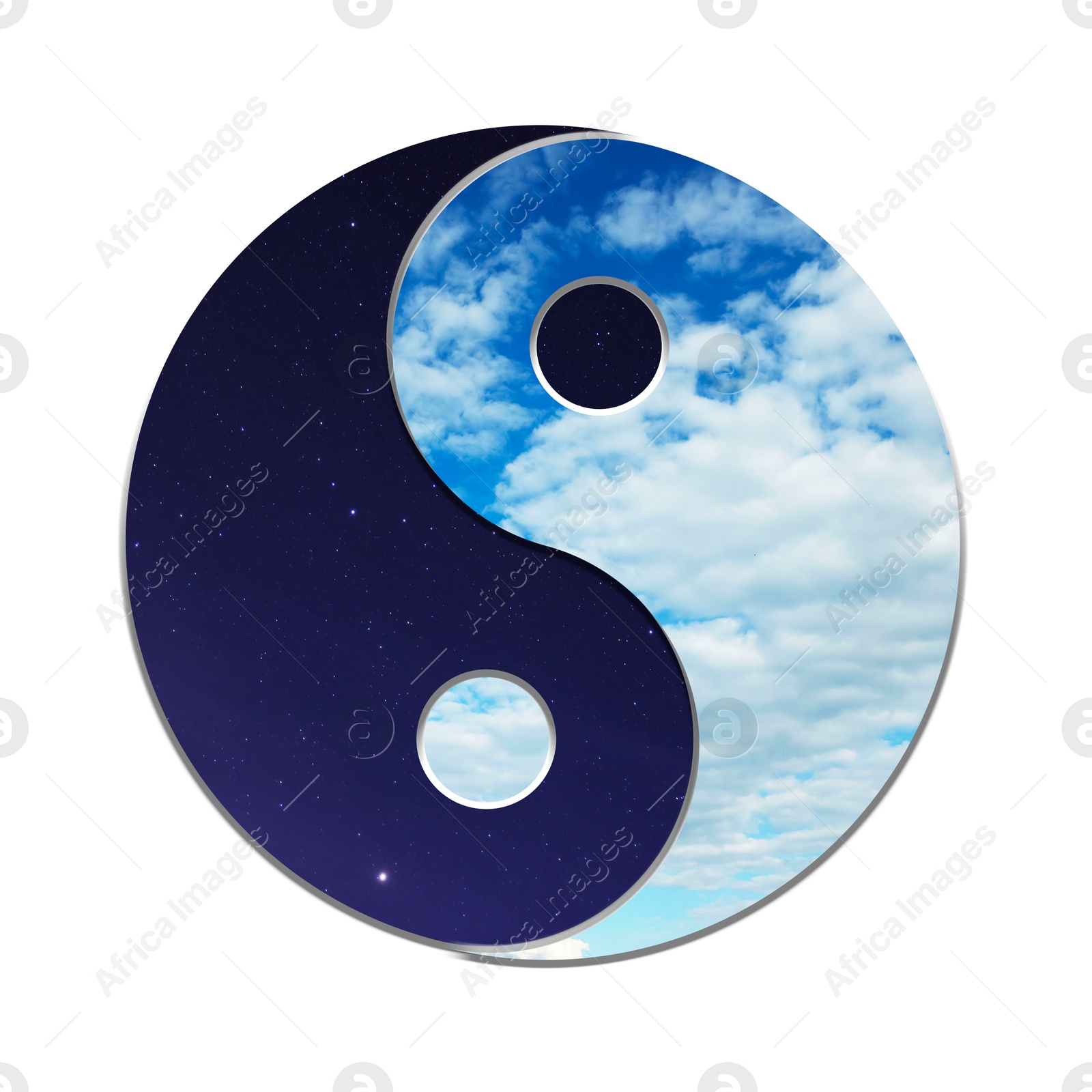 Image of Yin and yang symbol with sky at night and day inside on white background