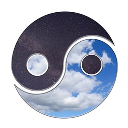 Image of Yin and yang symbol with sky at night and day inside on white background