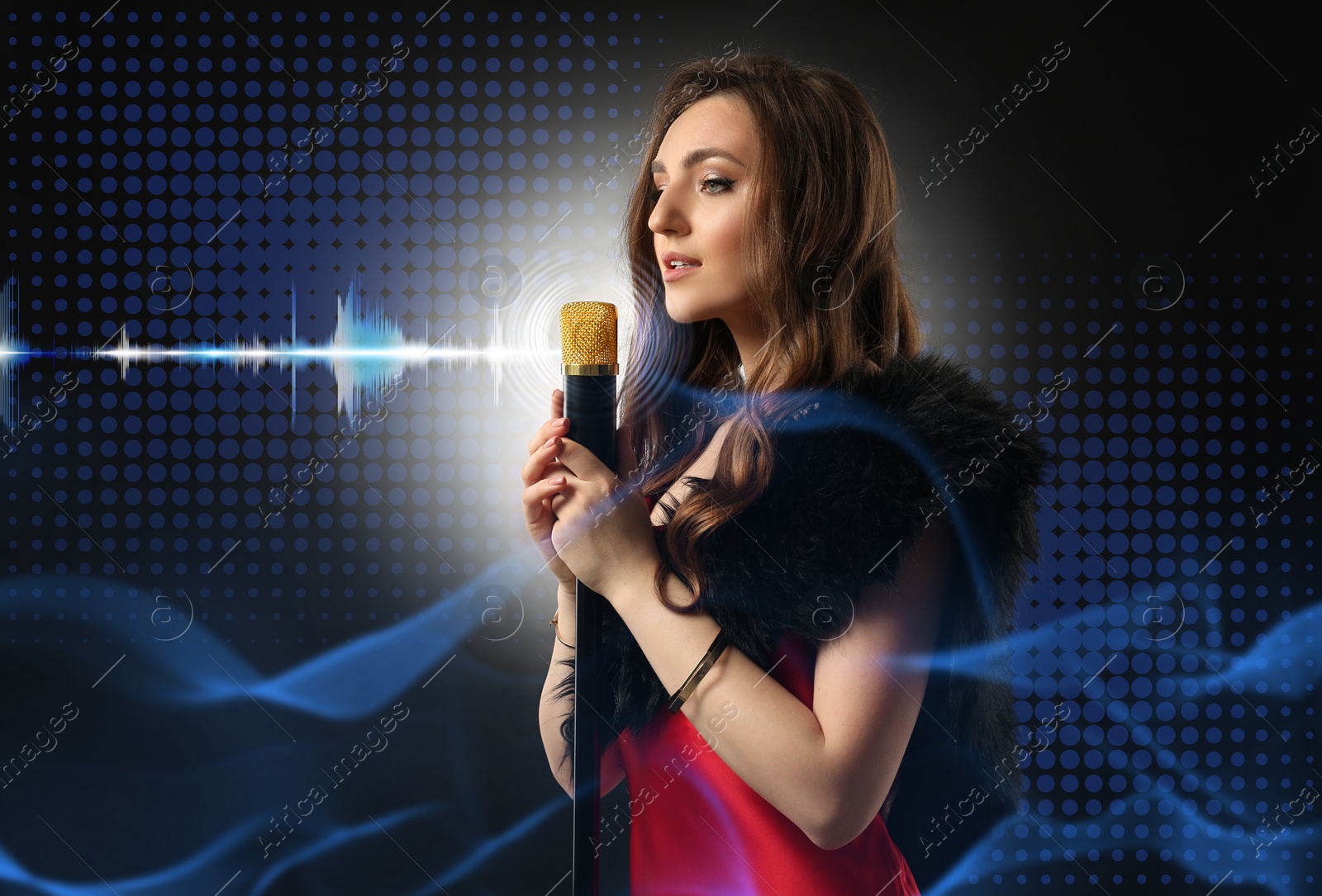 Image of Beautiful woman with microphone singing on dark background. Audio waveforms near her