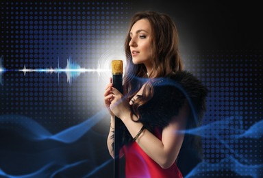 Beautiful woman with microphone singing on dark background. Audio waveforms near her