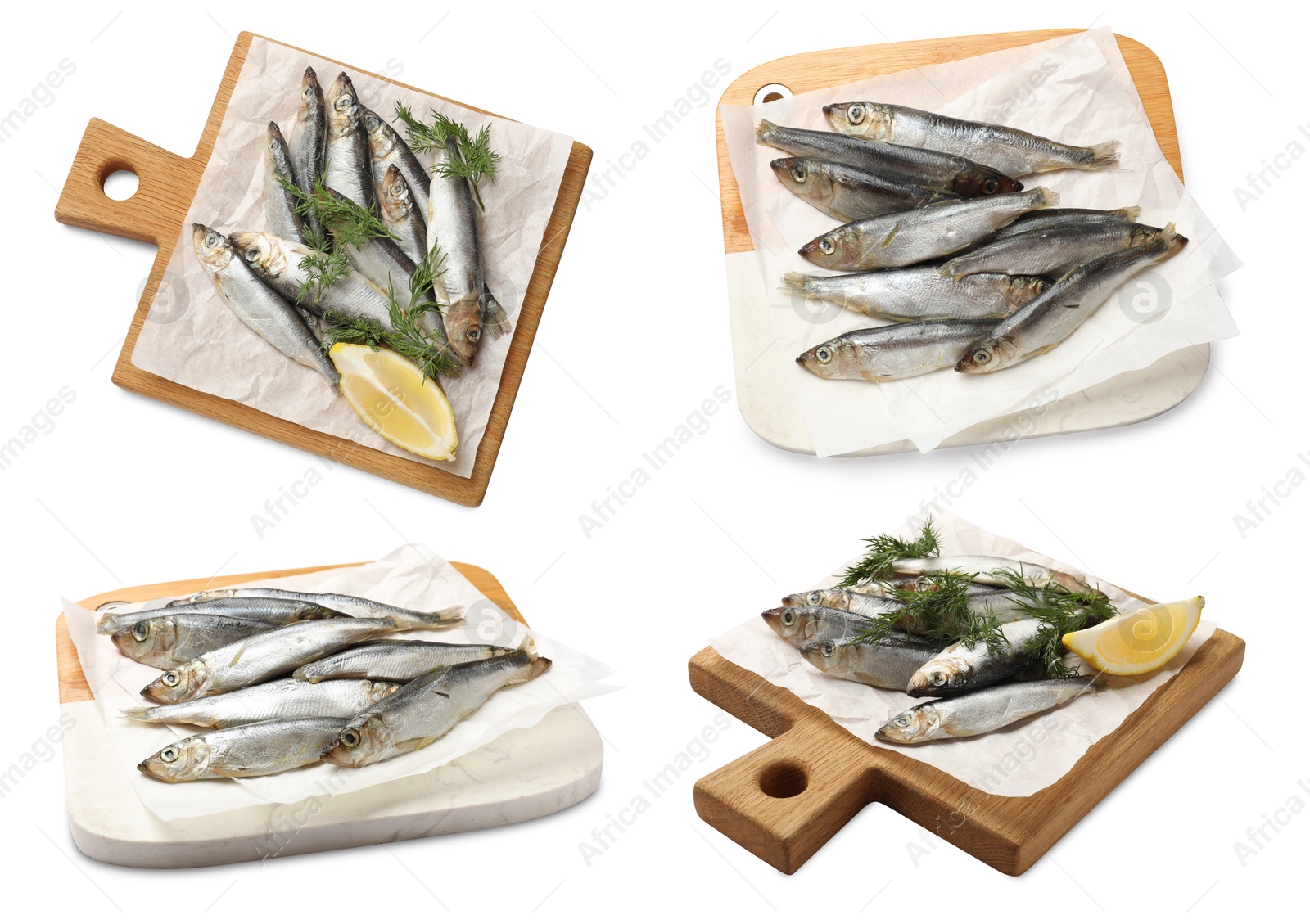 Image of Set of fresh raw sprats isolated on white, top and side views