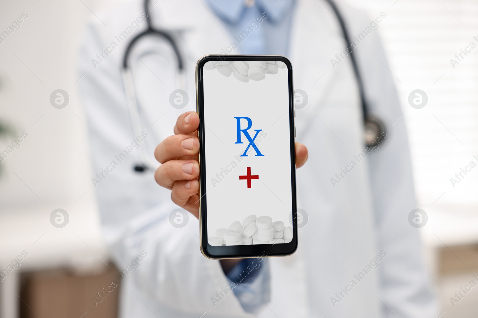 Image of Medical prescription. Doctor showing smartphone in clinic, closeup