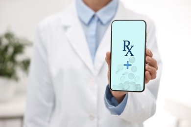 Image of Medical prescription. Doctor showing smartphone in clinic, closeup