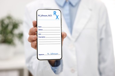 Image of Doctor showing medical prescription on smartphone display in clinic, closeup