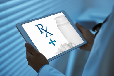 Image of Medical prescription. Doctor working on tablet in clinic, closeup