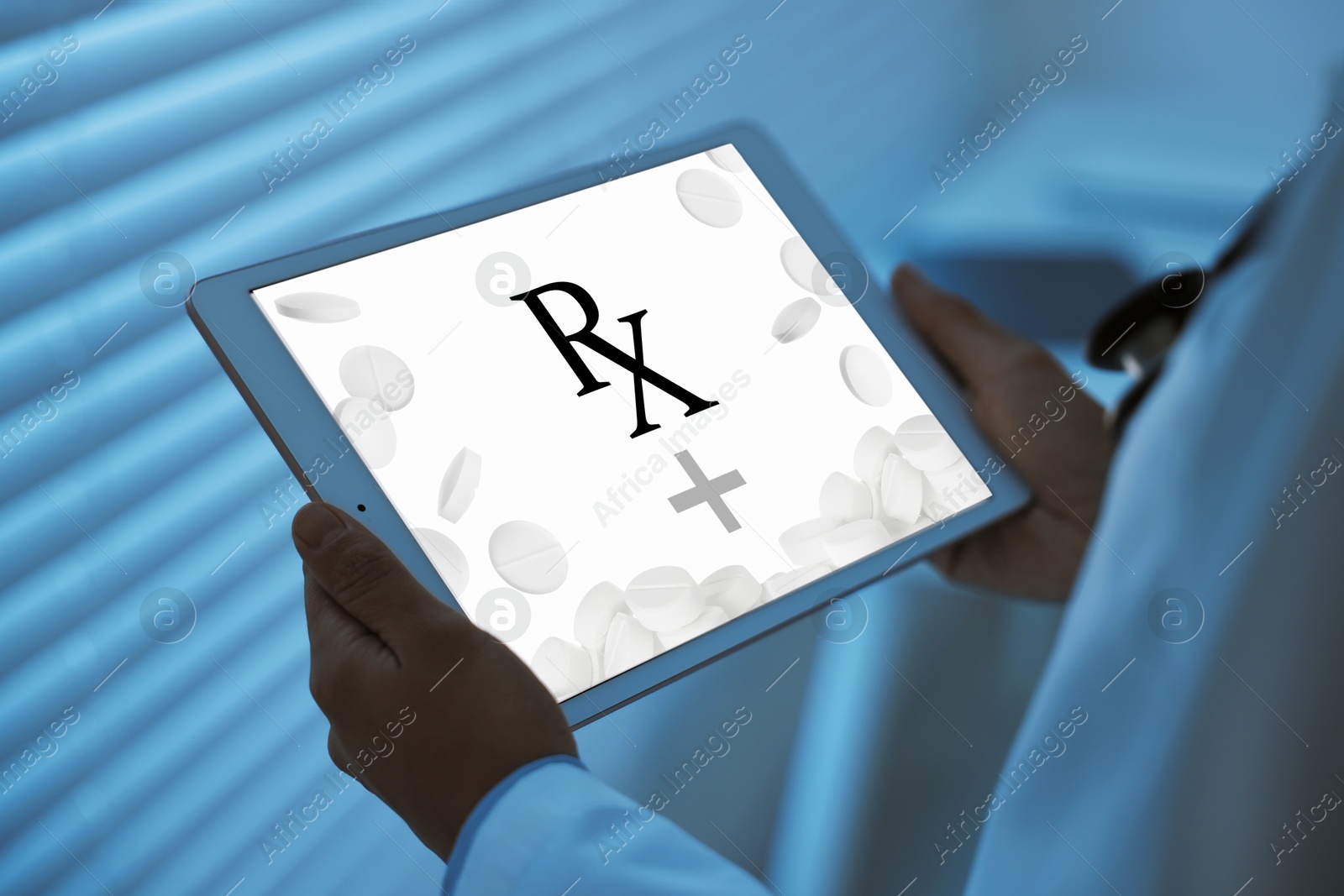 Image of Medical prescription. Doctor working on tablet in clinic, closeup