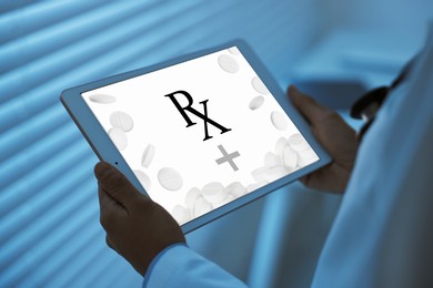 Image of Medical prescription. Doctor working on tablet in clinic, closeup