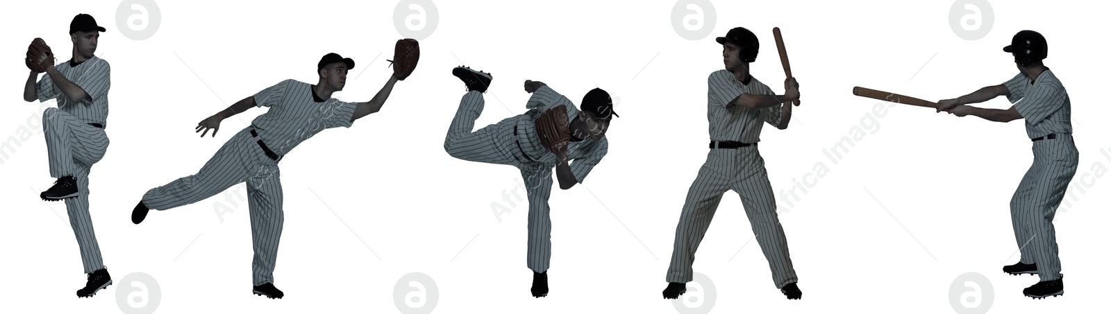 Image of Baseball players on white background, set of silhouettes