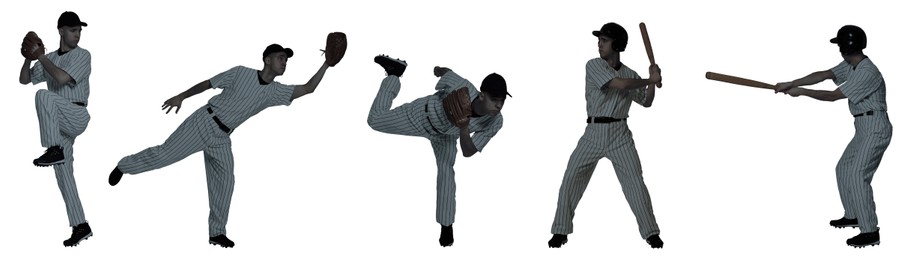 Image of Baseball players on white background, set of silhouettes