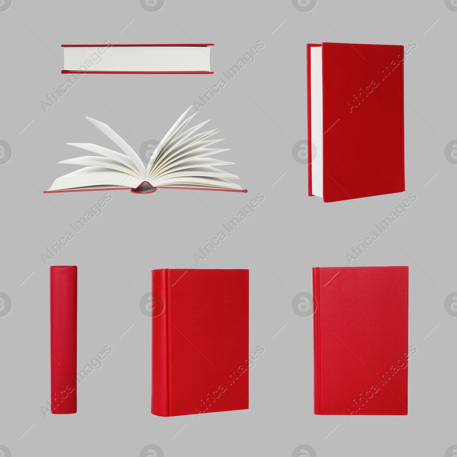 Image of Book with red hardcover on light grey background, collage