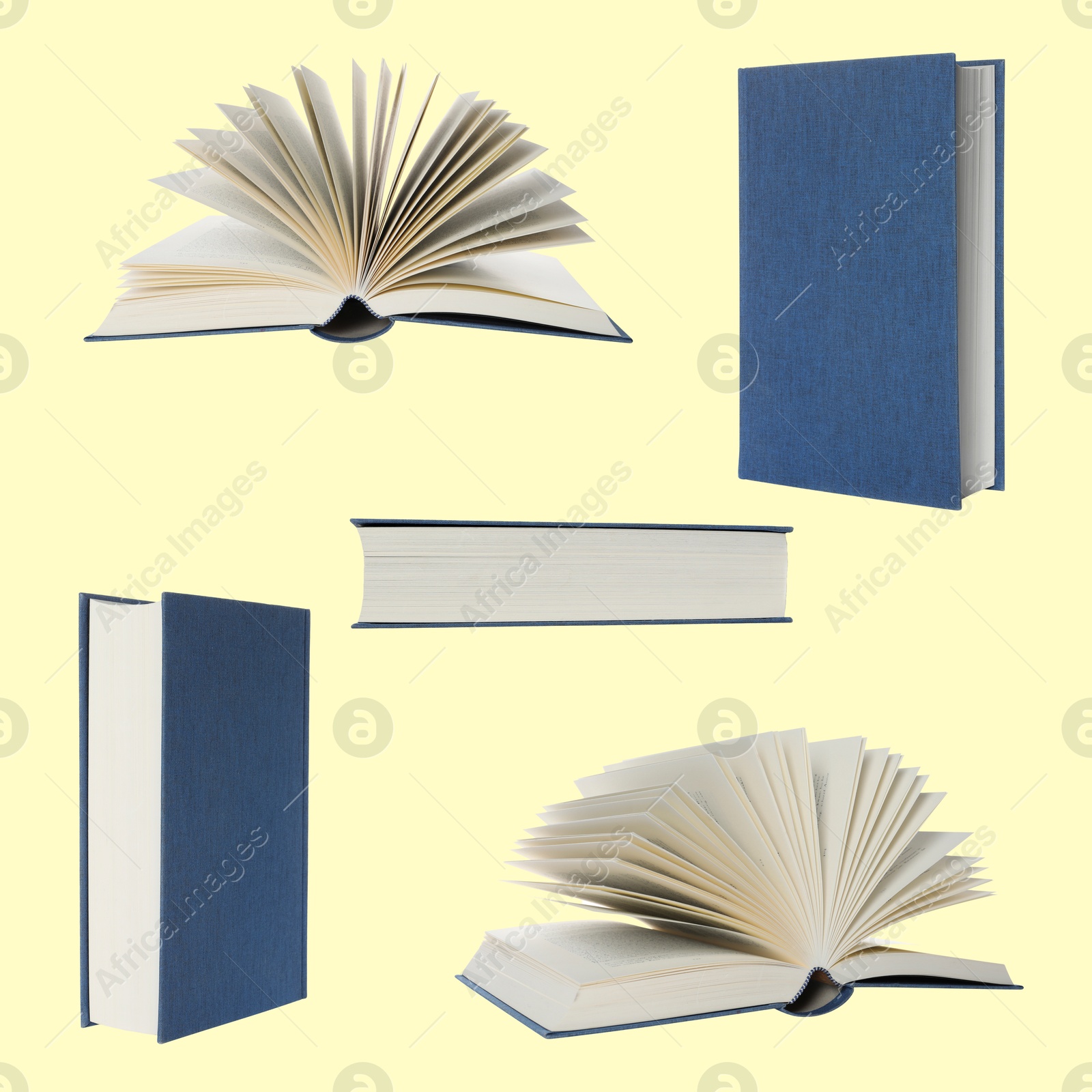 Image of Book with blue hardcover on light yellow background, collage