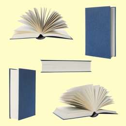 Image of Book with blue hardcover on light yellow background, collage