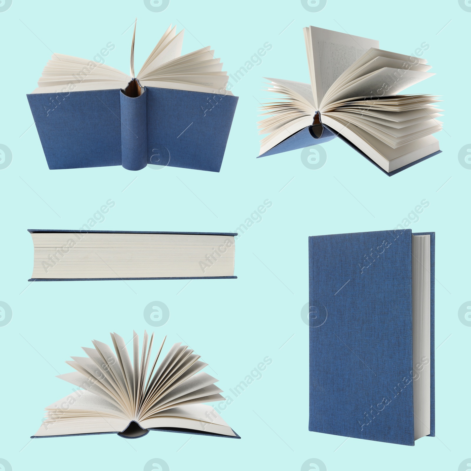 Image of Book with blue hardcover on cyan background, collage