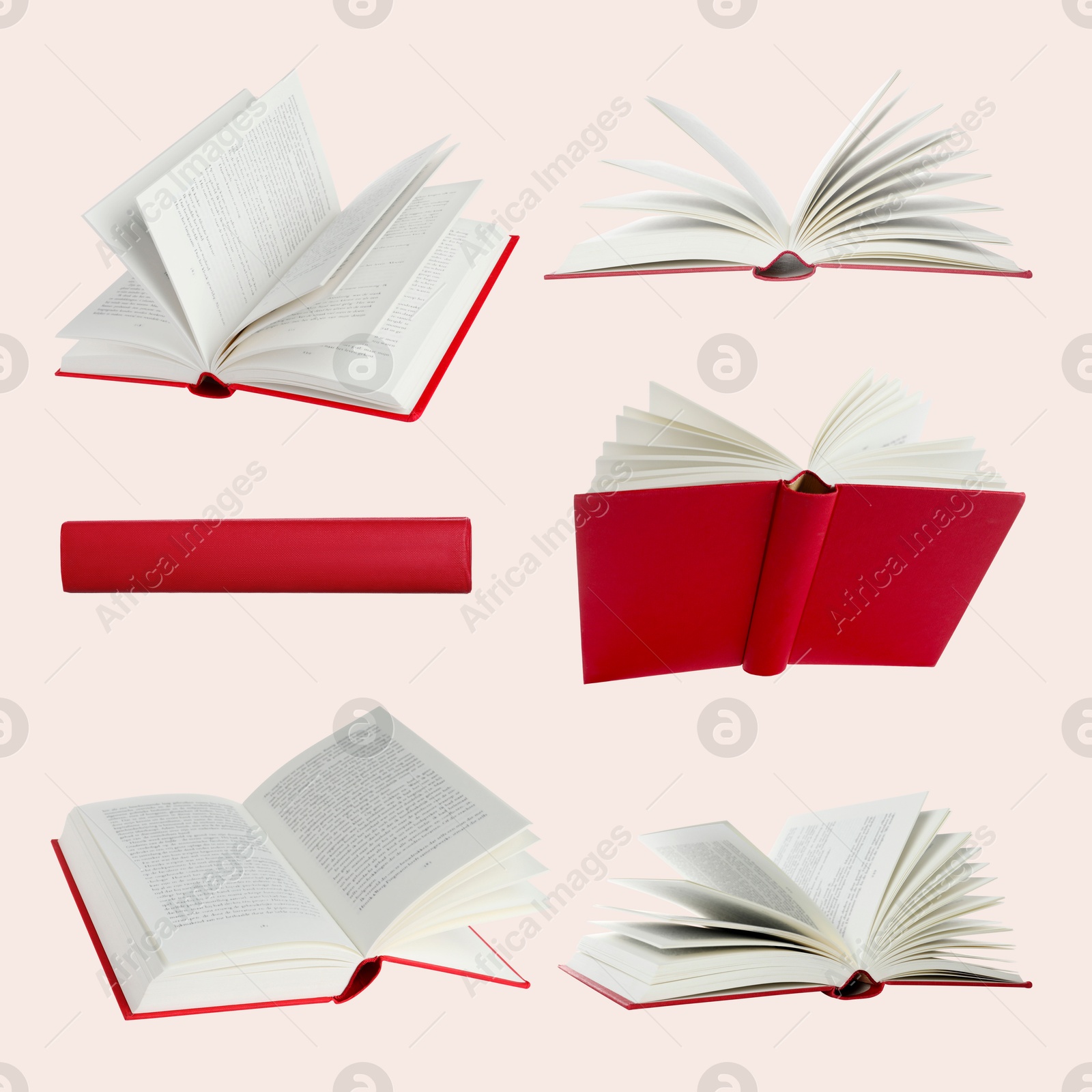 Image of Book with red hardcover on beige background, collage