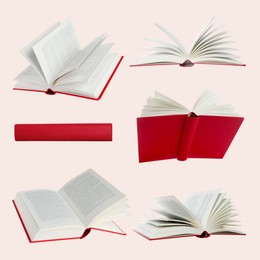 Image of Book with red hardcover on beige background, collage