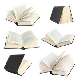 Image of Book with dark grey hardcover on white background, collage