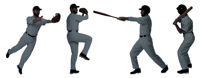 Baseball players on white background, set of silhouettes