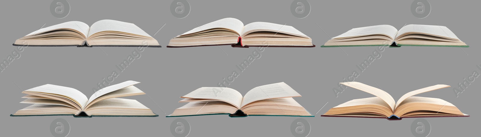 Image of Many open books on grey background, set