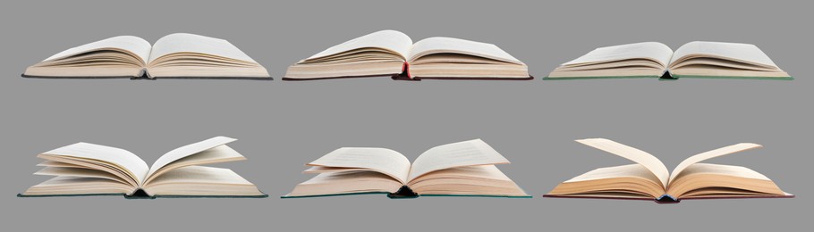 Image of Many open books on grey background, set