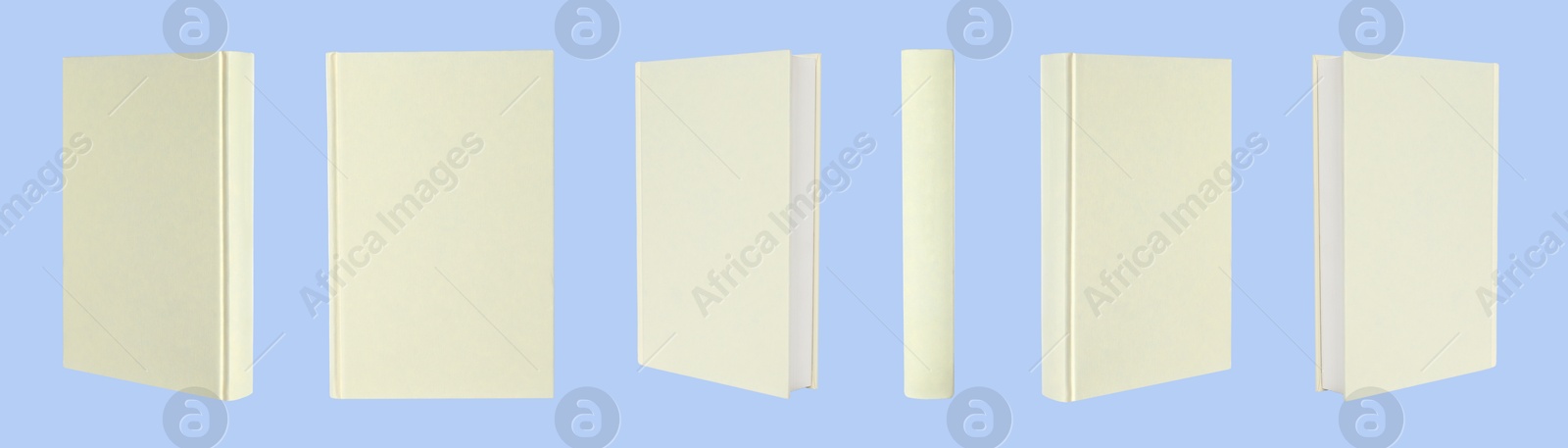 Image of Book with beige hardcover on light blue background, collage