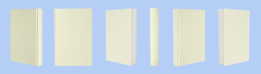 Image of Book with beige hardcover on light blue background, collage