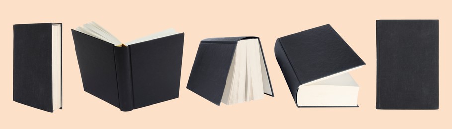 Image of Book with dark grey hardcover on beige background, collage