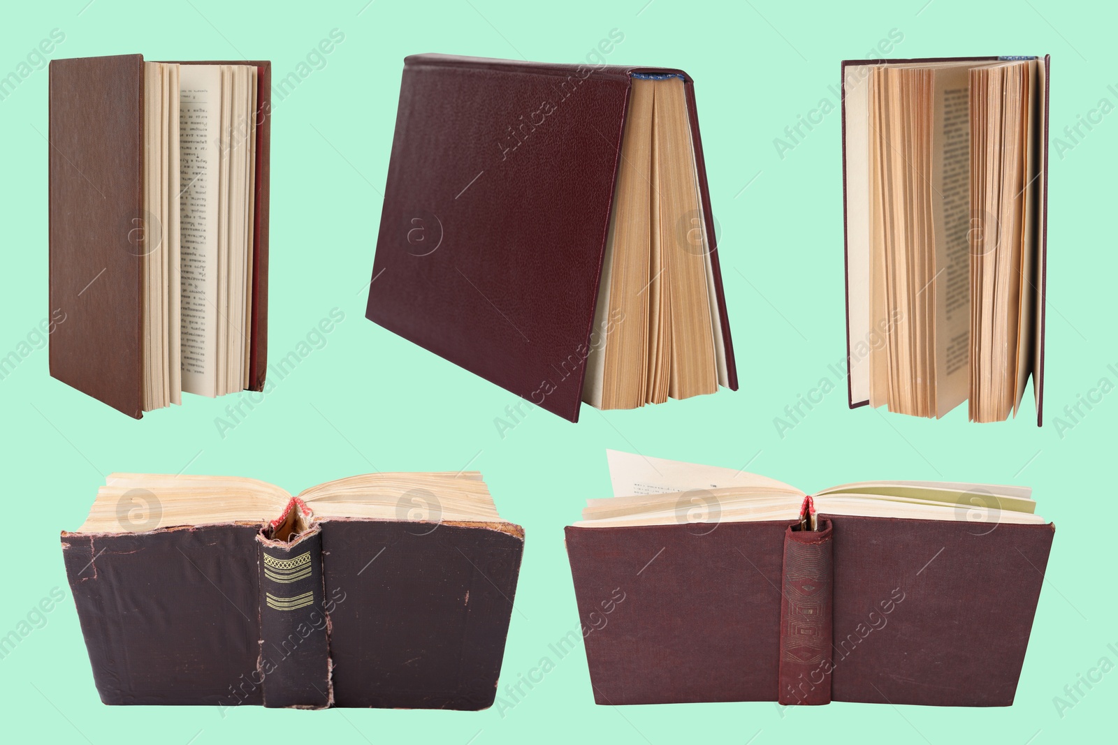 Image of Old hardcover books on turquoise background, set