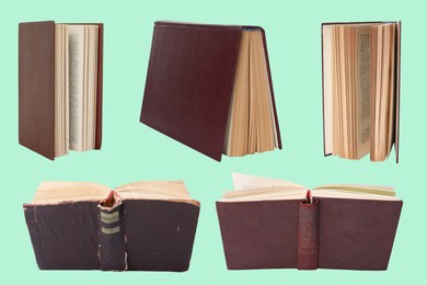 Image of Old hardcover books on turquoise background, set