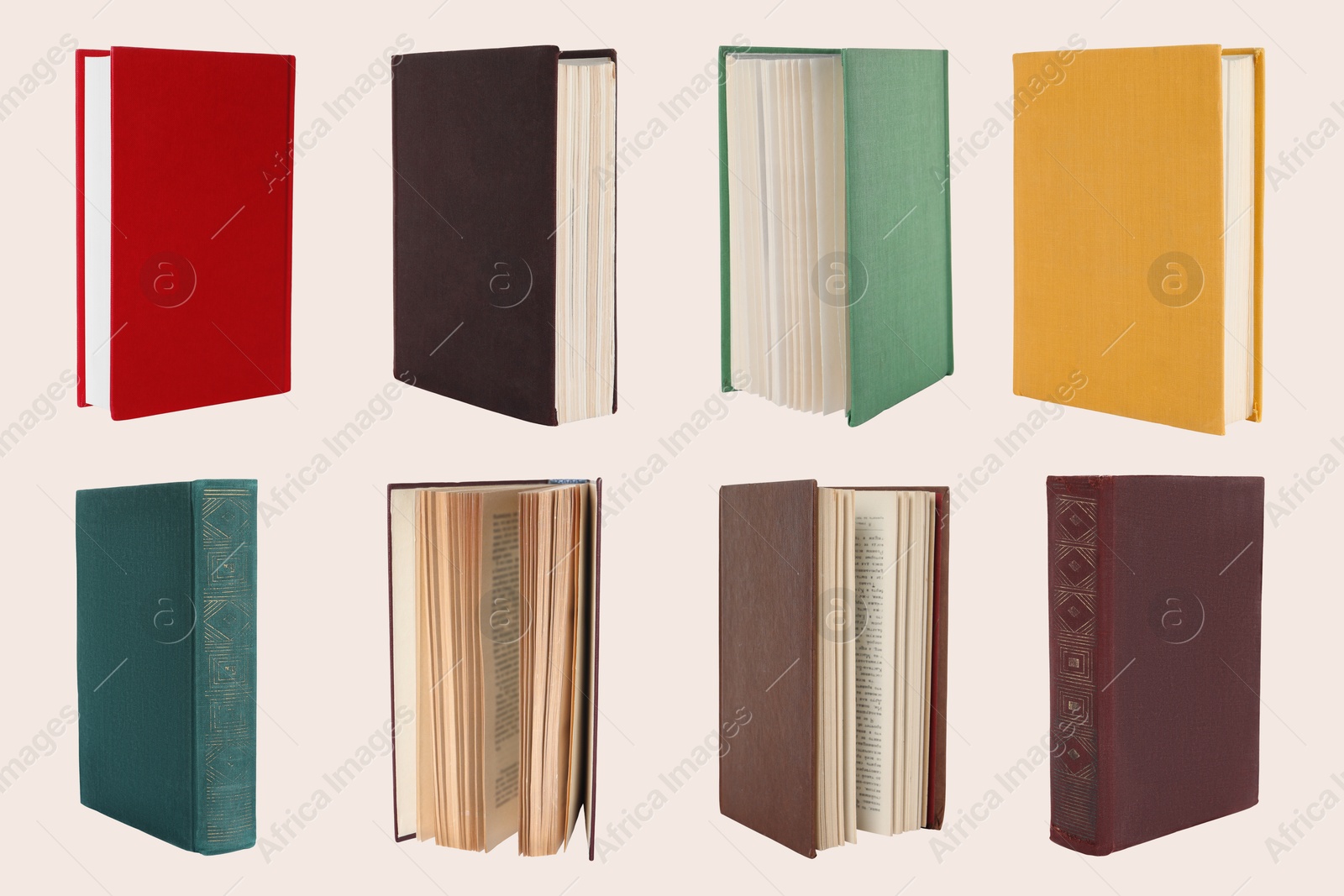 Image of Many books with colorful hardcovers on beige background, set