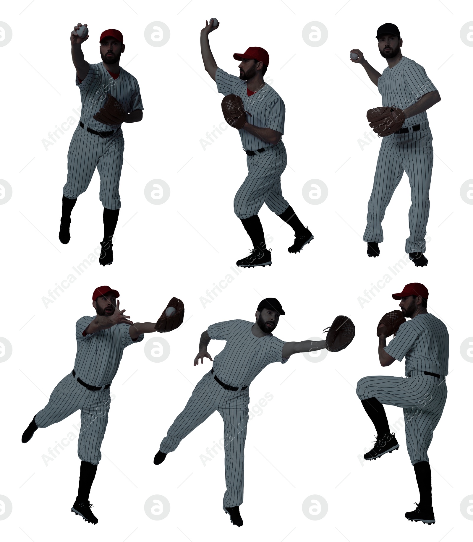 Image of Baseball players on white background, set of silhouettes