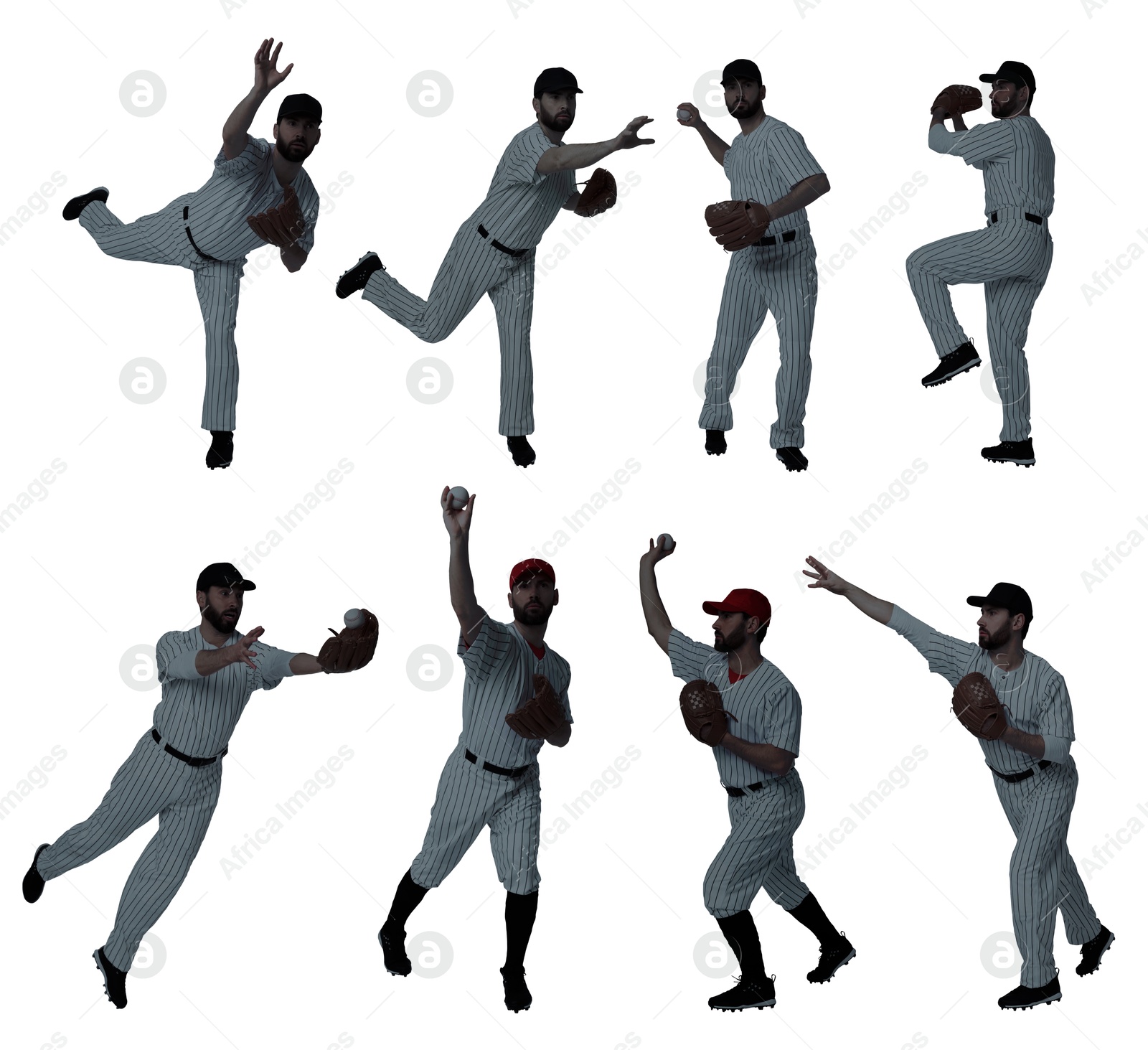 Image of Baseball players on white background, set of silhouettes