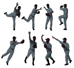 Baseball players on white background, set of silhouettes