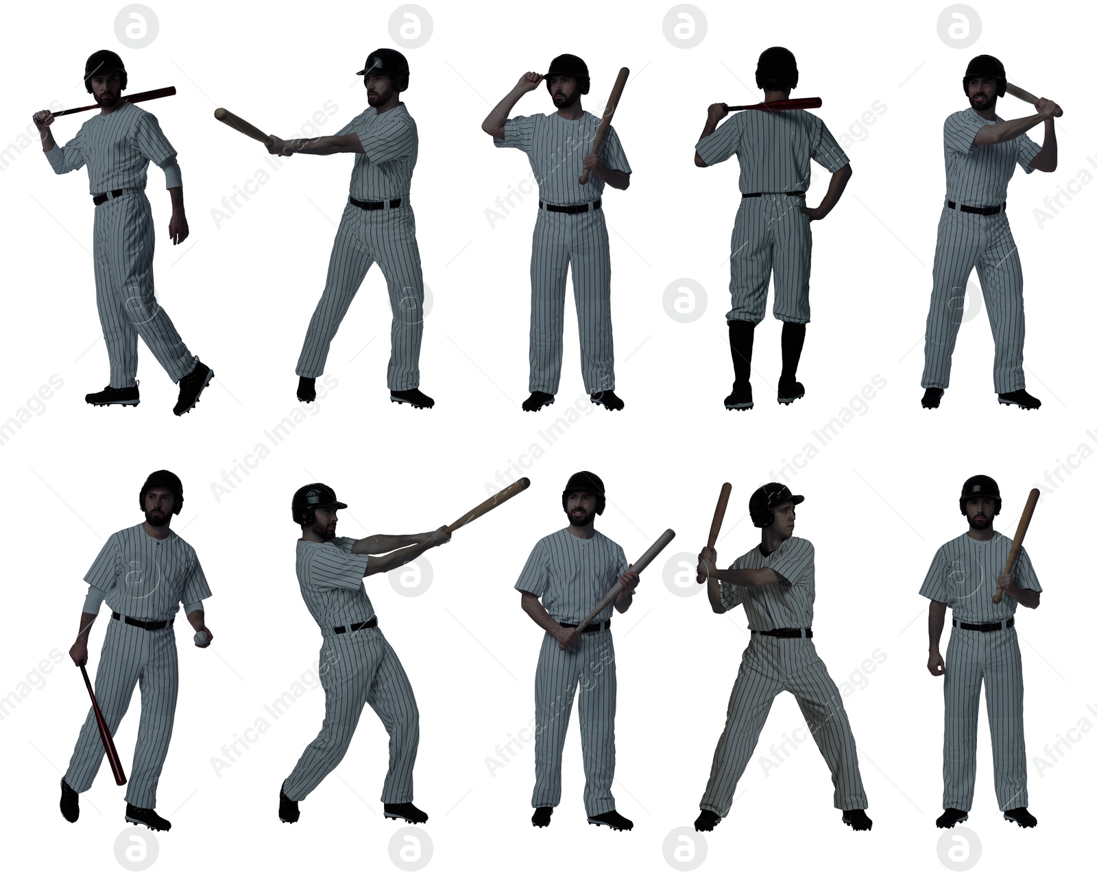 Image of Baseball players on white background, set of silhouettes