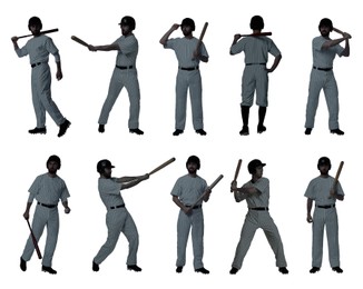 Baseball players on white background, set of silhouettes