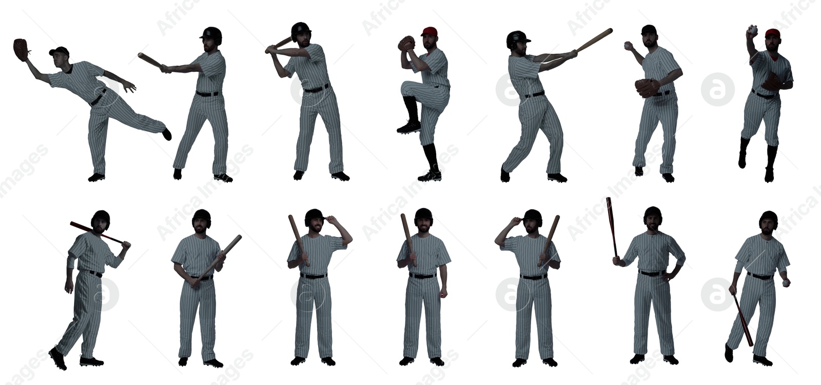 Image of Baseball players on white background, set of silhouettes