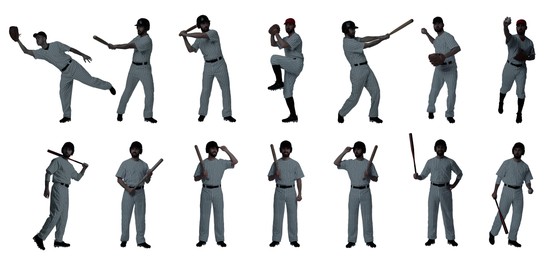 Image of Baseball players on white background, set of silhouettes