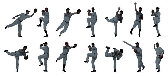 Image of Baseball players on white background, set of silhouettes