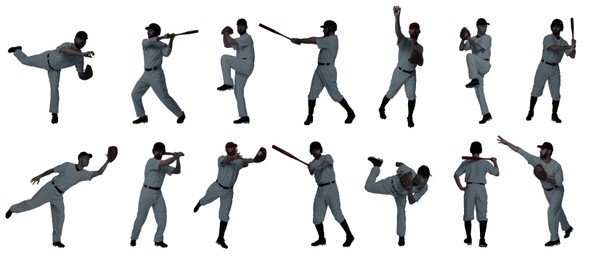 Image of Baseball players on white background, set of silhouettes