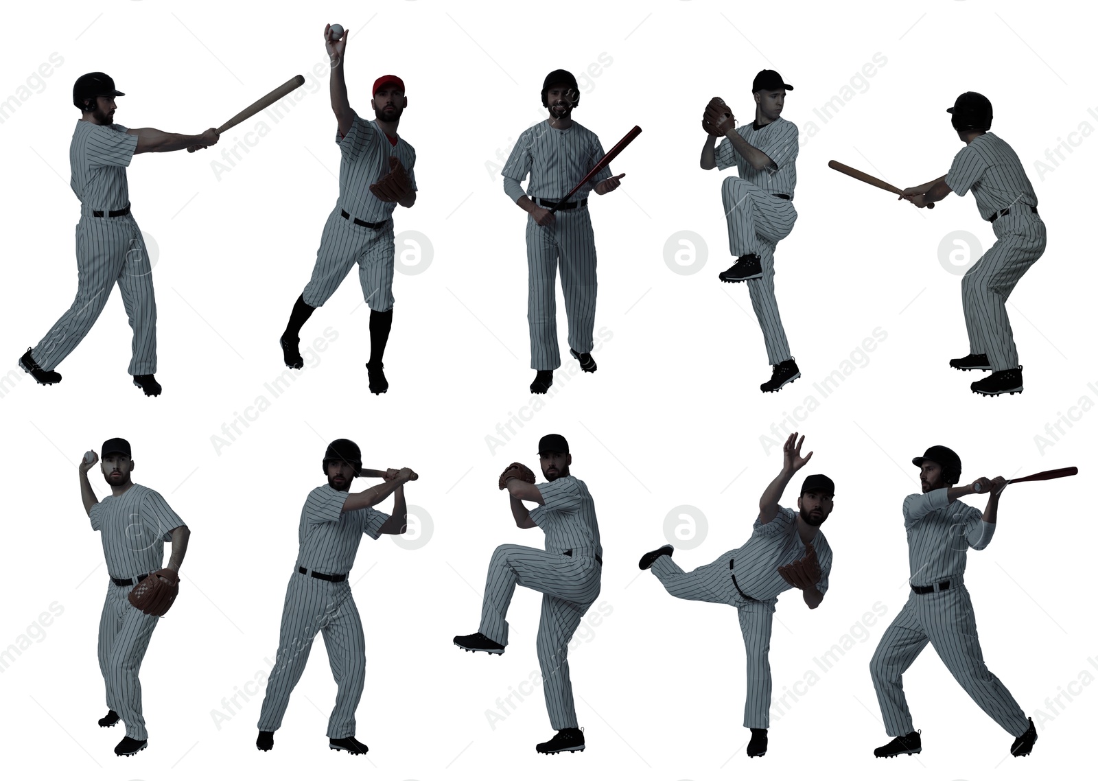 Image of Baseball players on white background, set of silhouettes