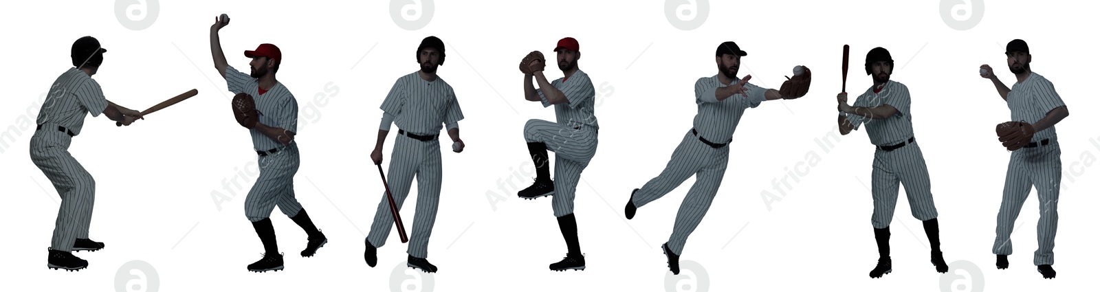 Image of Baseball players on white background, set of silhouettes