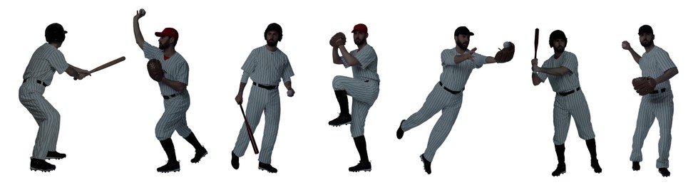 Baseball players on white background, set of silhouettes