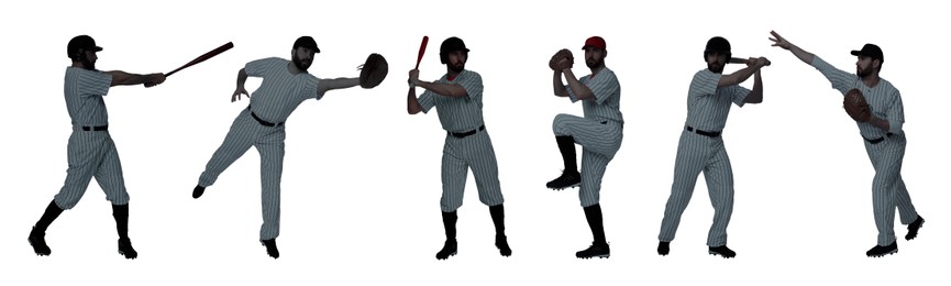 Baseball players on white background, set of silhouettes