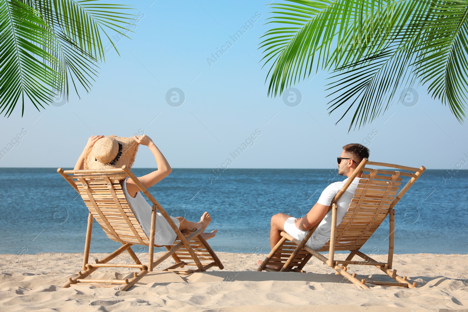 Image of Couple relaxing on deck chairs under palm leaves on tropical beach