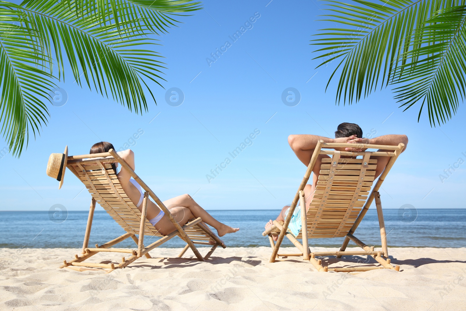 Image of Couple relaxing on deck chairs under palm leaves on tropical beach