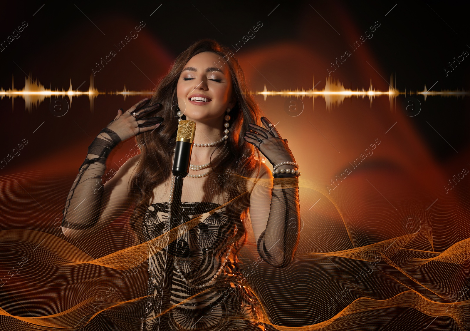 Image of Beautiful woman with microphone singing on dark background. Audio waveforms near her