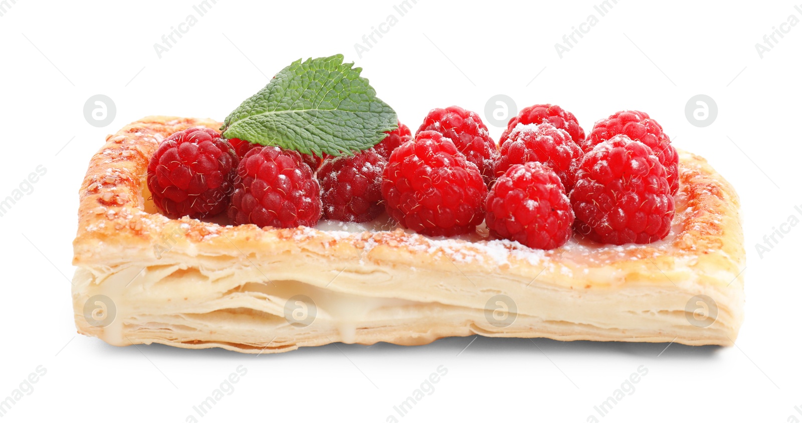 Photo of Tasty puff pastry with raspberries and mint isolated on white