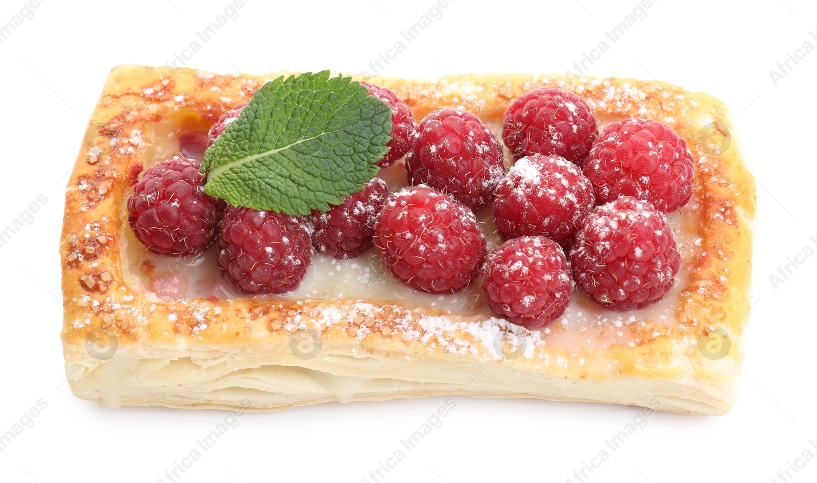 Photo of Tasty puff pastry with raspberries and mint isolated on white